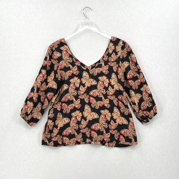 JOHNNY WAS Silk Akil Butterfly Print Top Womens XS Black V Neck 3/4 Puff Sleeve - Picture 3 of 13